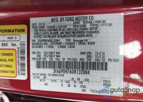 2013 Ford Fusion Se from USA, damaged, VIN 3FA6P0H76DR132084